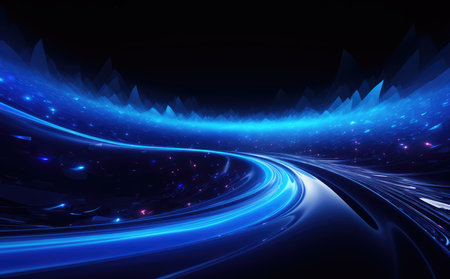 Abstract blue background with lights and waves, computer-generated image.の素材