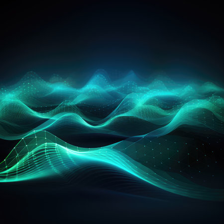 Abstract green wave. dark background. Futuristic technology style. Elegant background for business tech presentations.の素材