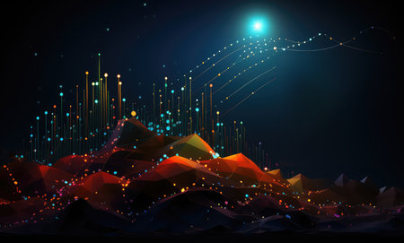 Abstract background with low poly mountains and glowing lights.の素材