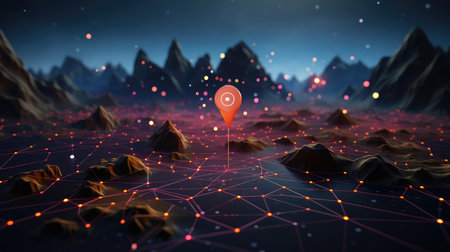 Futuristic technology mountain background with connection lines and dots.の素材