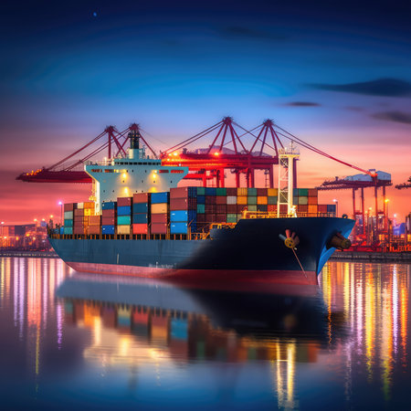 Container Cargo freight ship with working crane bridge at dusk for Logistic Import Export backgroundの素材