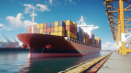 Container Cargo freight ship with working crane bridge for Logistic Import Export background.の素材