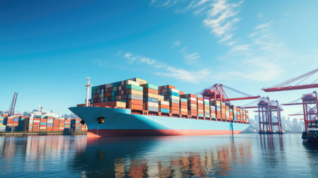 Container Cargo freight ship with working crane bridge for Logistic Import Export background.の素材