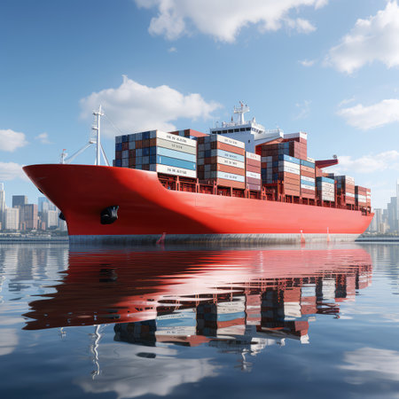 Big container ship in the sea. Freight transportation. background is the big city.の素材