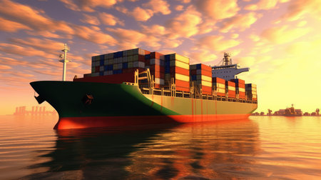 Container Cargo freight ship with working crane bridge for the cargo terminal background.の素材