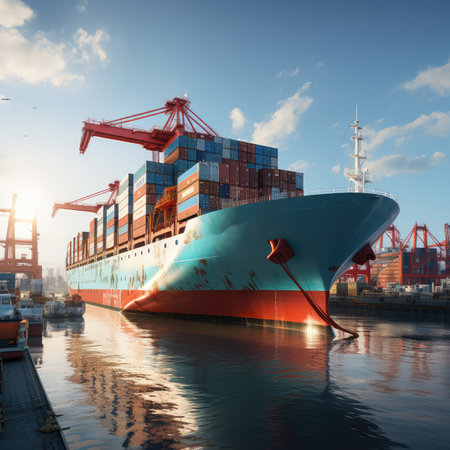 Container Cargo freight ship with working crane bridge for Logistic Import Export background.の素材