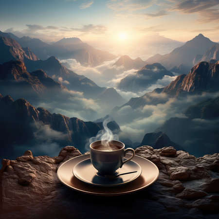 Cup of coffee on the mountain peak at sunrise. 3d renderingの素材