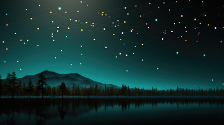 Mountain landscape with a lake and stars in the night sky.の素材