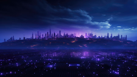 Futuristic city at night with glowing lights. 3D renderingの素材