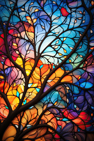 Abstract illustration in stained-glass window style with abstract colorful tree.の素材
