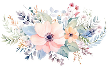 Beautiful watercolor floral bouquet with anemone flowers and leavesの素材
