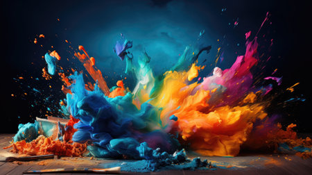 Colorful paint splashes and brushes on wooden table. Abstract backgroundの素材