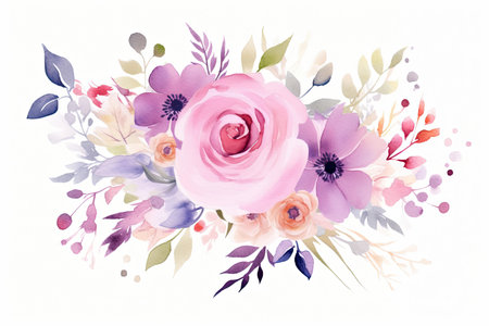Beautiful watercolor floral bouquet with anemone flowers and leavesの素材