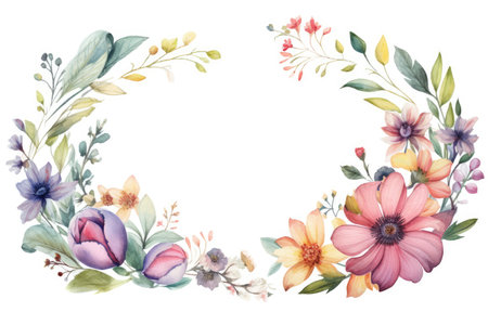 Watercolor floral wreath. Hand painted illustration isolated on white backgroundの素材