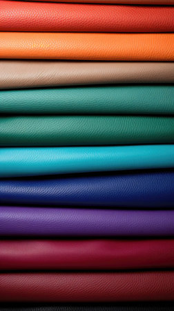 Colorful leather samples for sale in a shop, Neatly stacked.の素材