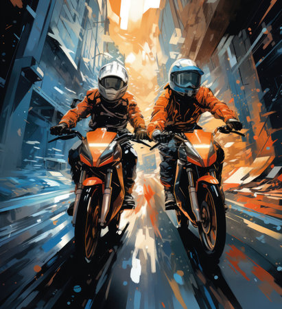 Two motorcyclists riding on the road in a futuristic city.の素材