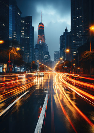 The light trails on the modern building background in New York city.の素材