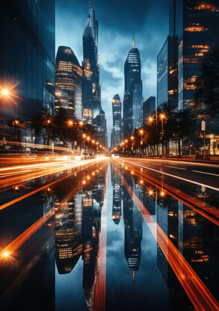 The light trails on the modern building background in New York city.の素材