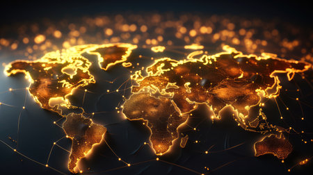 World map with glowing lines and dots on dark background.の素材