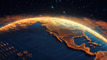 Digital world map with glowing dots and lines. 3Dの素材