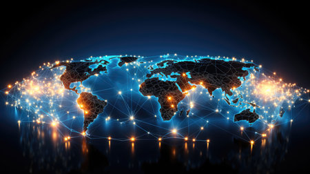 World map with glowing lines and dots on dark background.の素材