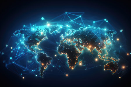 World map with glowing lines and dots on dark background.の素材