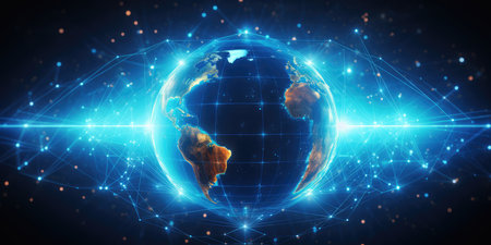 Global network connection over the world 3d graphic background wallpaper.の素材