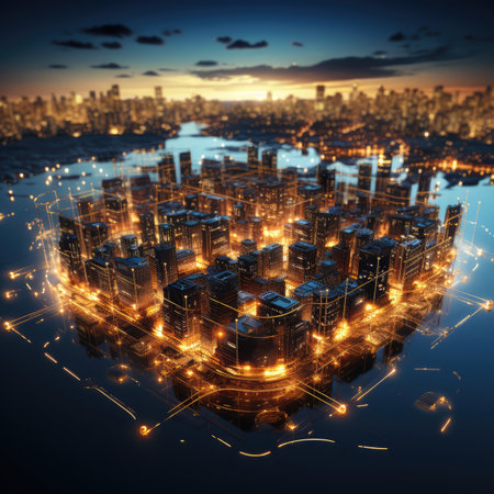 futuristic city with glowing lights in the nightの素材