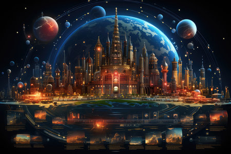 Globe and city on technological background. 3d rendering toned image double exposure.の素材