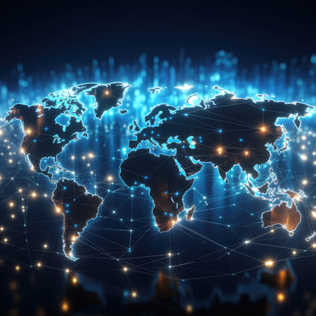 Abstract digital world map on blue background. Technology and communication concept.の素材