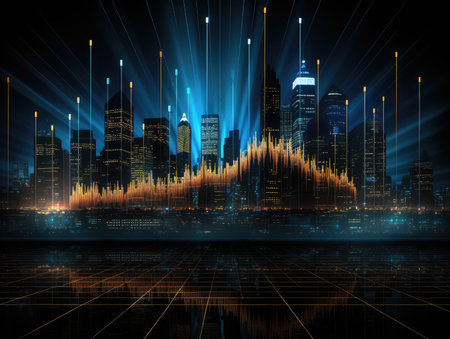 abstract glowing digital equalizer background with modern cityscape at nightの素材