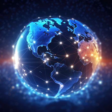 Abstract digital globe with connected lines and dots. Global network connection. illustration art.の素材