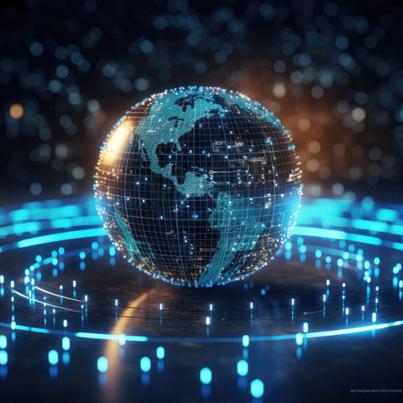 Globe and binary code on dark blue background. 3dの素材