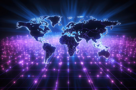 World map with glowing lines and dots on dark background.の素材
