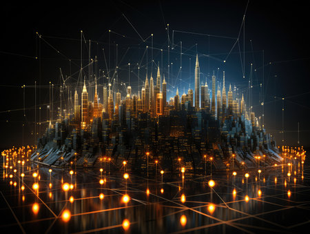 Abstract city background with glowing lights and connections. 3Dの素材