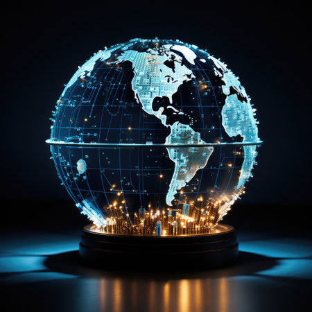 Abstract digital globe with connected lines and dots. Global network connection. illustration art.の素材