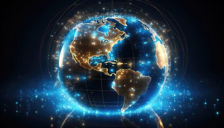 Globe of the planet Earth with blue lights and particles.の素材