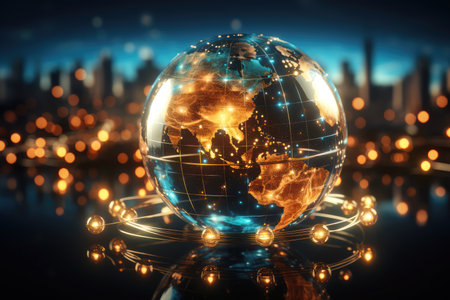 earth globe with glowing lights on city background.の素材