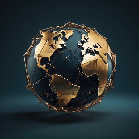 Abstract gold globe on dark blue background. 3D style. Global business concept.の素材