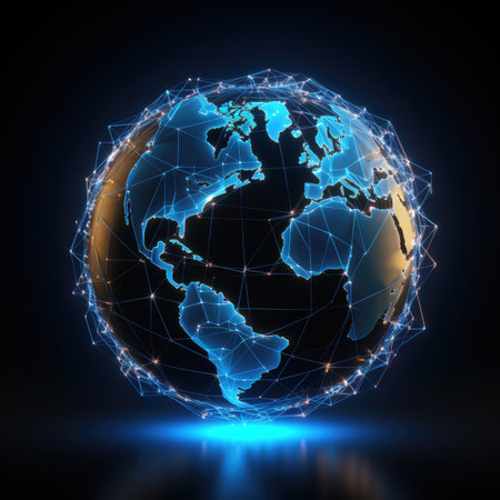 Abstract digital globe with connected lines and dots. Global network connection. illustration art.の素材