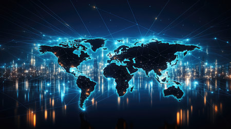 World map with glowing lines and dots on dark background.の素材