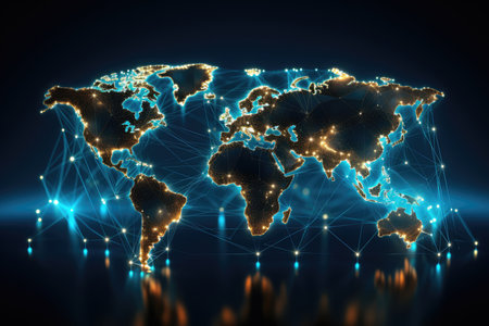 World map with glowing lines and dots on dark background.の素材