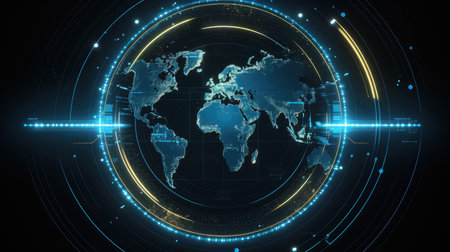 Glowing digital world map with glowing circles on dark background. Technology concept.の素材