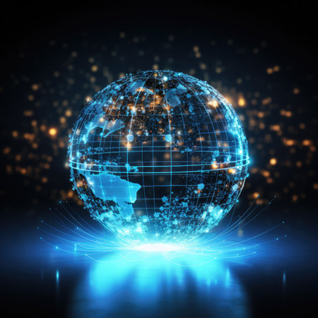 Abstract digital globe with connected lines and dots. Global network connection. illustration art.の素材