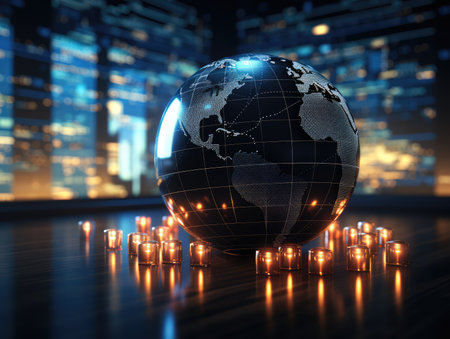 Globe and city on technological background. 3d rendering toned image double exposureの素材