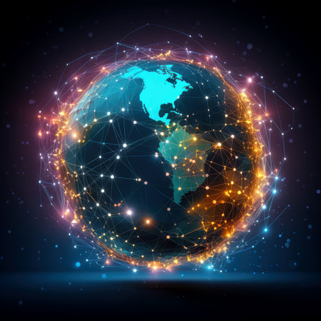 Abstract digital globe with connected lines and dots. Global network connection. illustration art.の素材