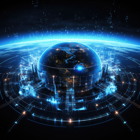 Globe and city on technological background. 3d rendering toned image double exposureの素材