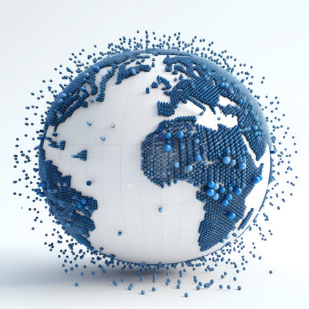 globe with binary code and blue dots on white backgroundの素材