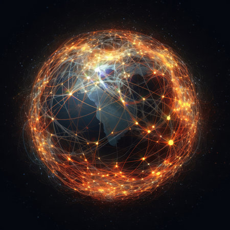 Global network. Internet concept. 3D illustration. Polygonal mesh sphere.の素材