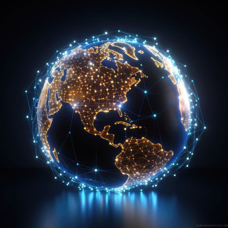 Abstract digital globe with connected lines and dots. Global network connection. illustration art.の素材